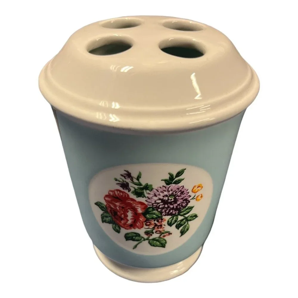 Martha Stewart Everyday Light  Blue Pink Floral Design Toothbrush Holder Ceramic